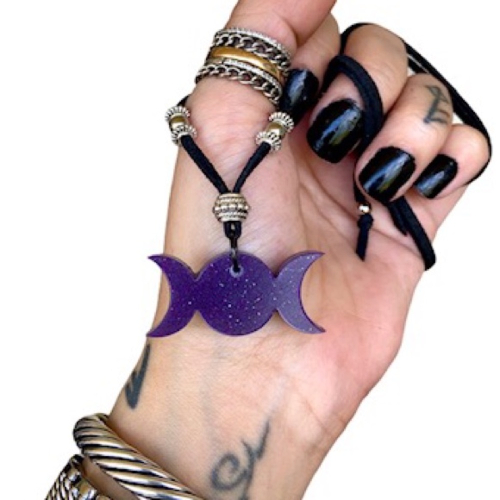Purple & glitter resin moon phase necklace